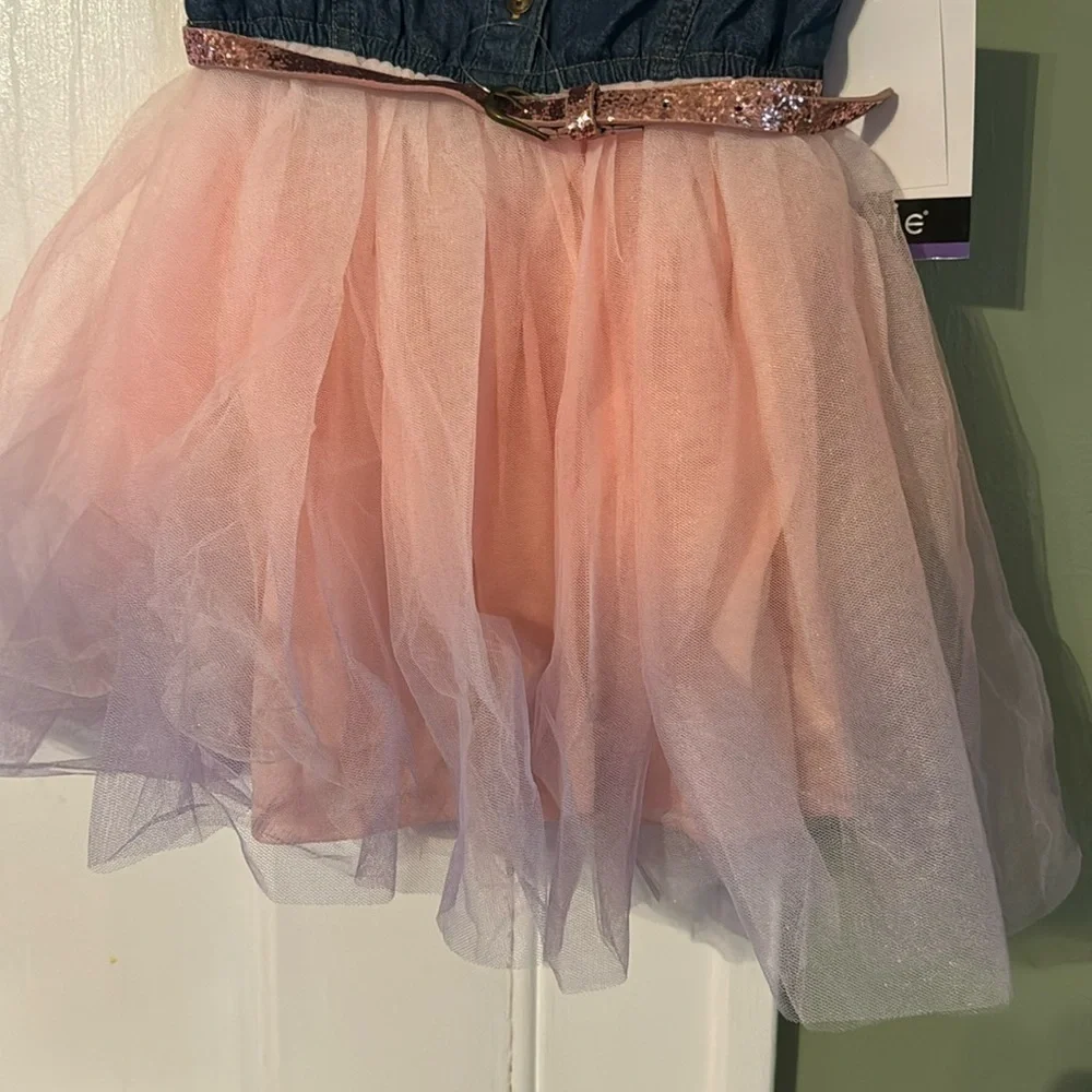 Zunie Kids' Dress size 4 Jean connected Top with Mesh Skirt & Pink Glitter Belt